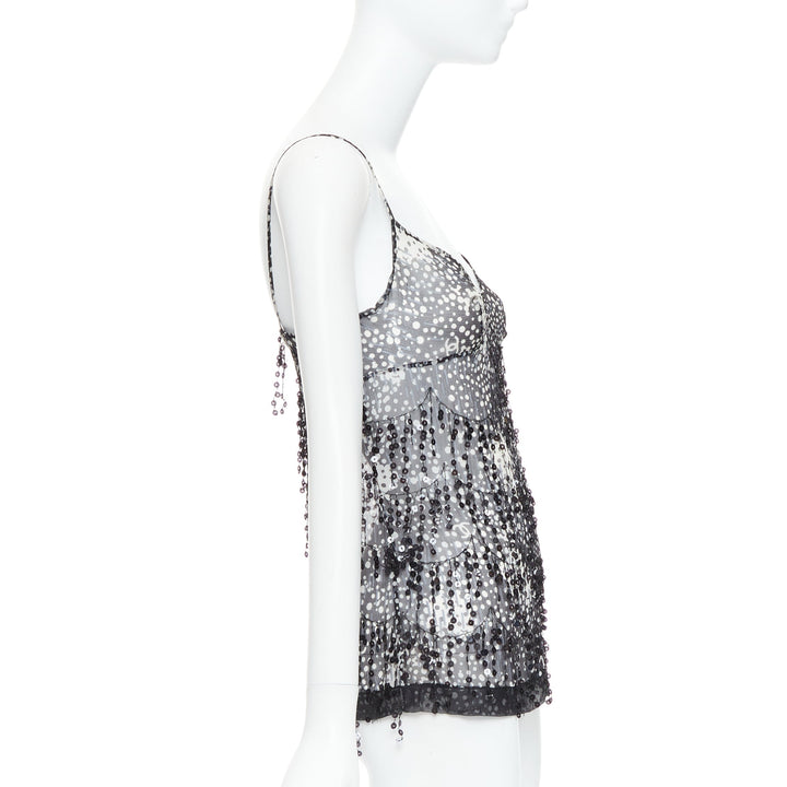 CHANEL 02A black grey sequin fringe applique sheer camisole FR38 M