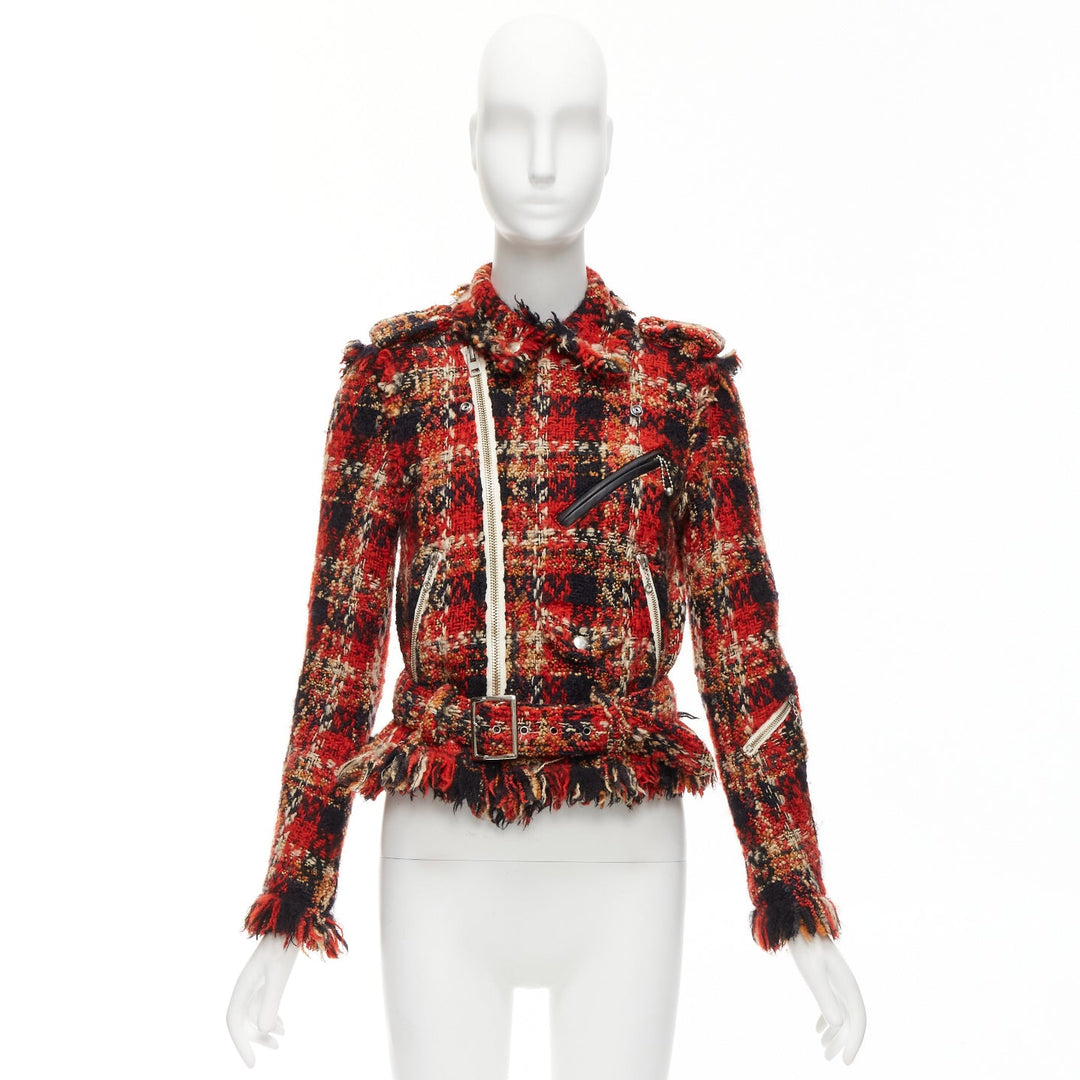 MIHARA YASUHIRO red plaid wool tweed PU trimmed biker jacket FR36 S