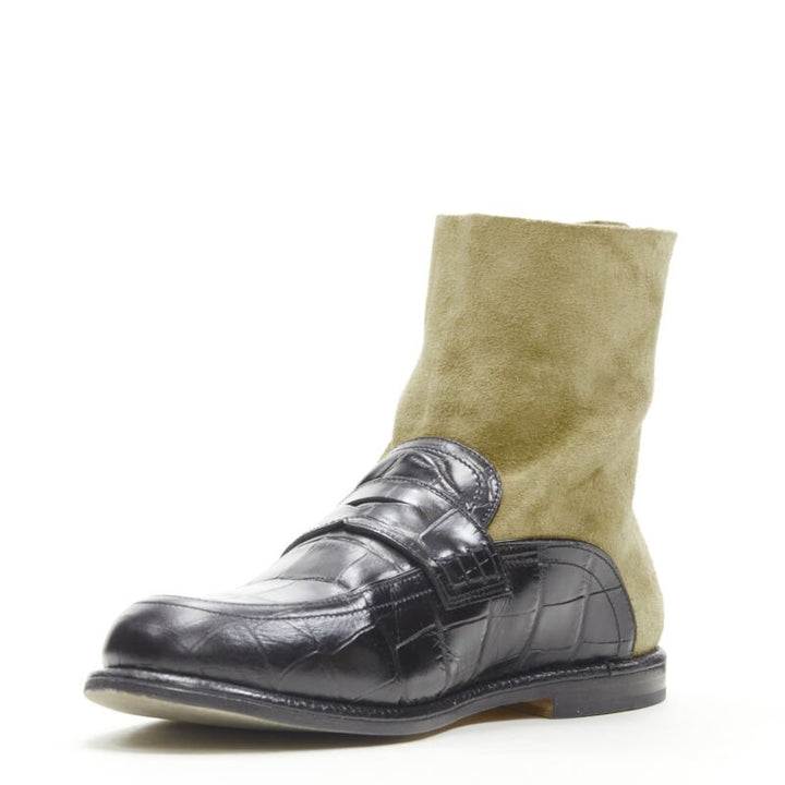 LOEWE black black scaled leather embossed brown suede sock loafer boot EU36