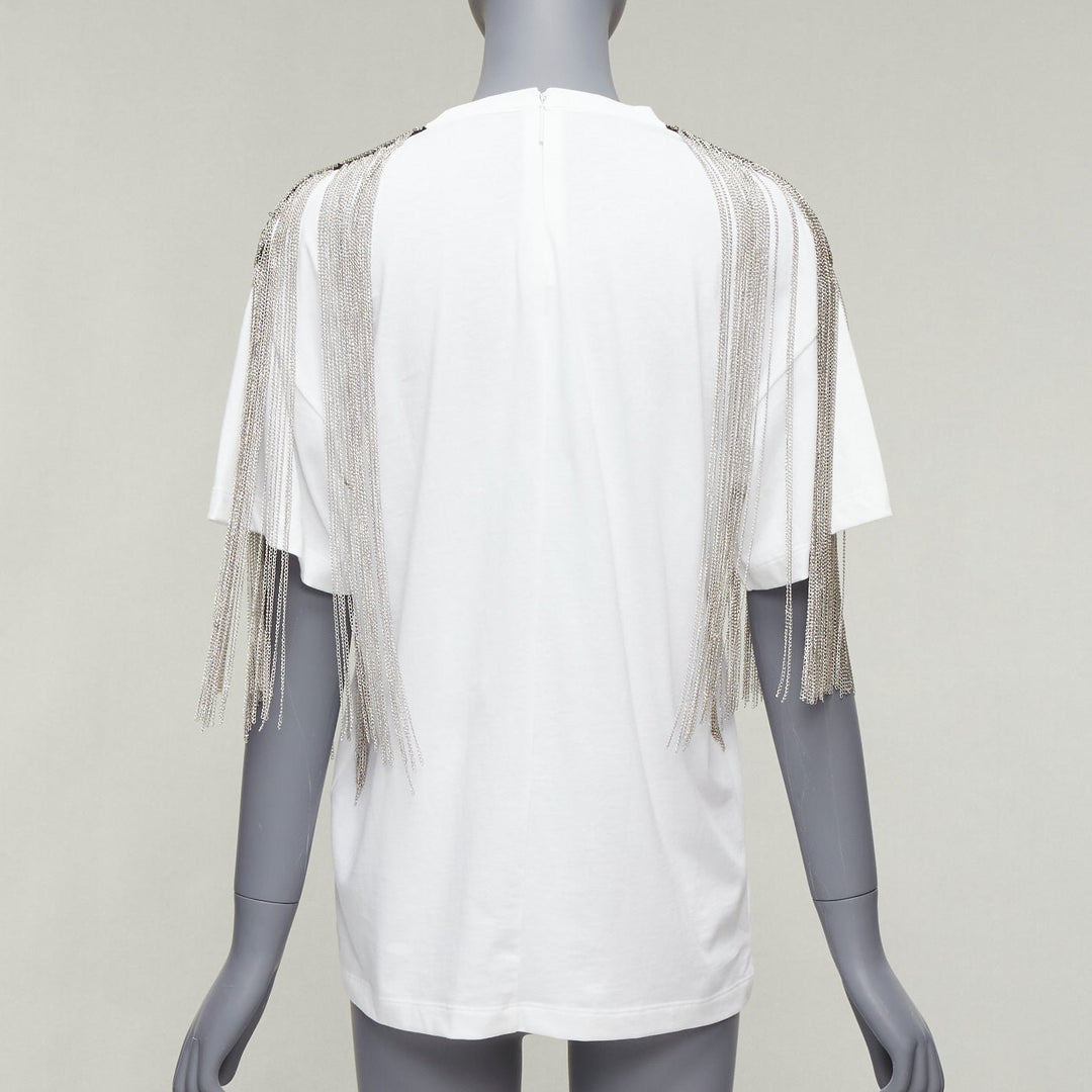 CHRISTOPHER KANE white military silver chain embellished shoulder tshirt XS