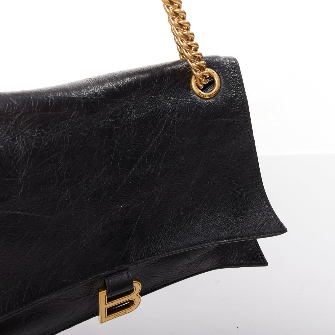 BALENCIAGA Crush Medum  black textured leather gold B chain flap shoulder bag