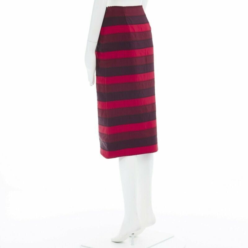 MARY KATRANTZOU red purple stripe ribbon overstitched fitted midi skirt UK8 26"