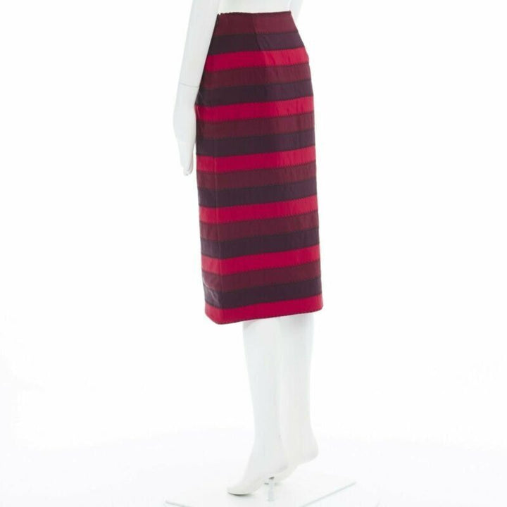 MARY KATRANTZOU red purple stripe ribbon overstitched fitted midi skirt UK8 26"
