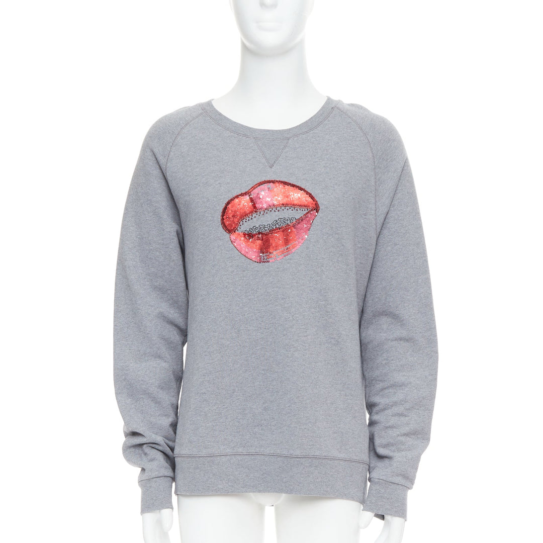DRIES VAN NOTEN grey cotton red sequins lip crew pullover top L