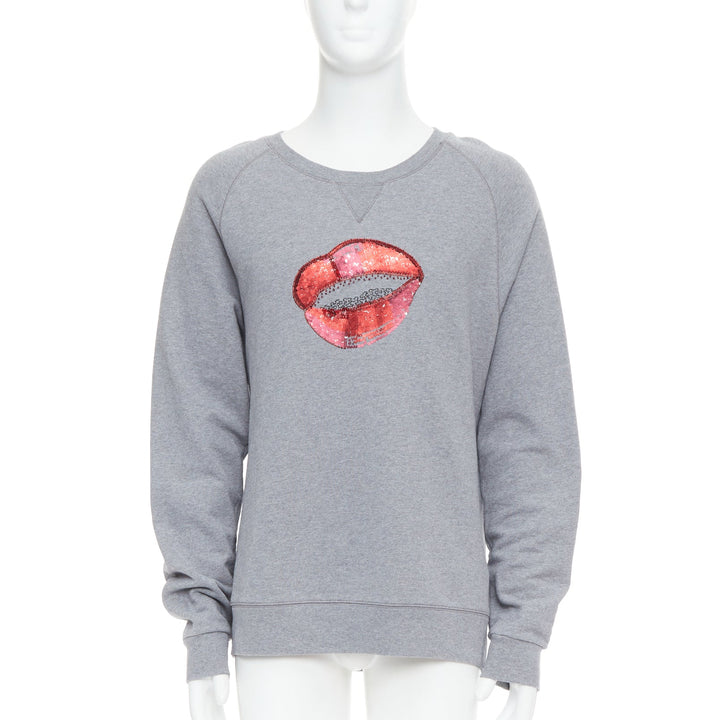 DRIES VAN NOTEN grey cotton red sequins lip crew pullover top L