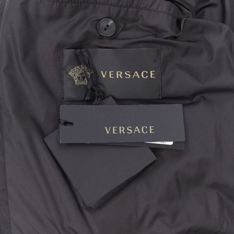 VERSACE Nastro Stampa black logo ribbon goose down padded jacket IT46 S