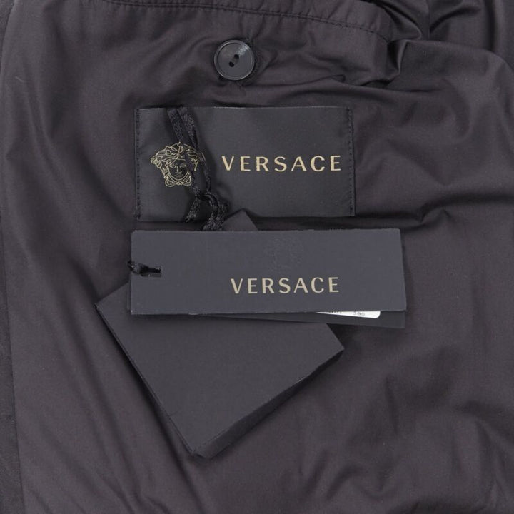 VERSACE Nastro Stampa black logo ribbon goose down padded jacket IT46 S