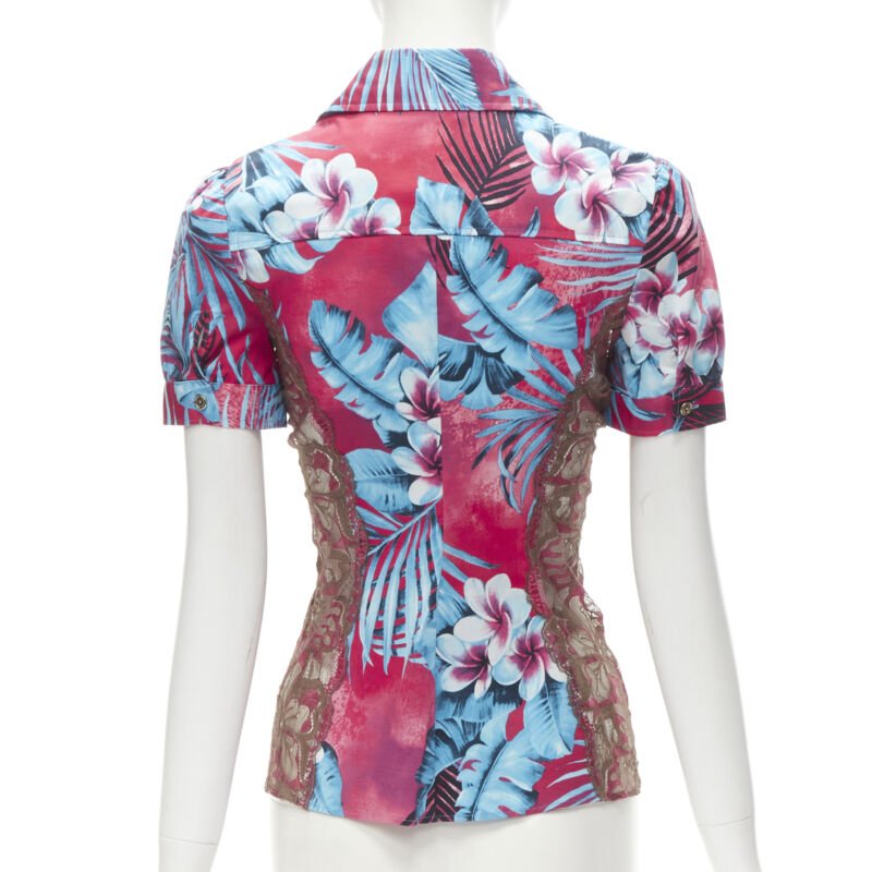 rare D&G DOLCE GABBANA Vintage blue pink sheer lace panel side Hawaiian shirt XS