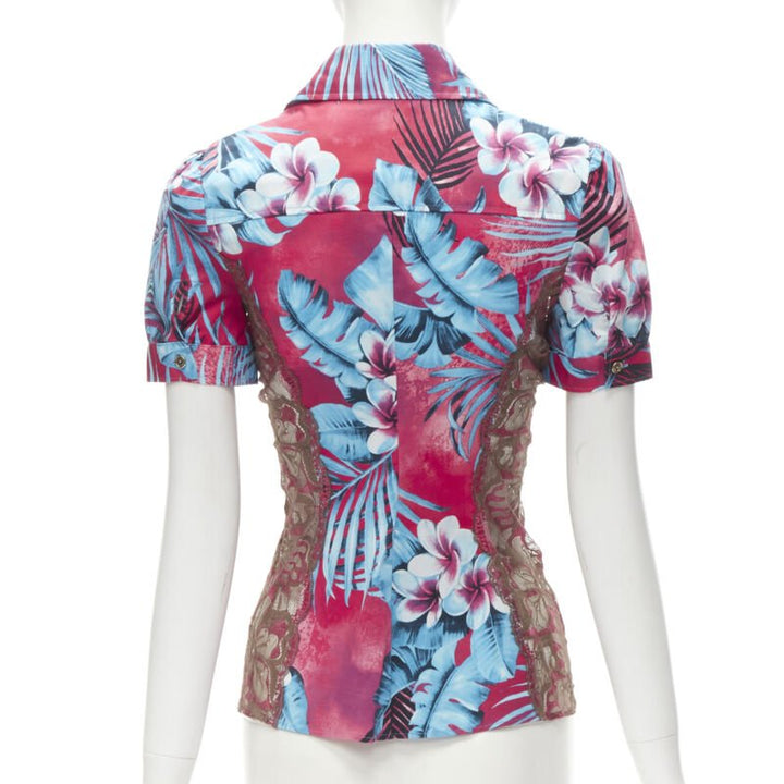 rare D&G DOLCE GABBANA Vintage blue pink sheer lace panel side Hawaiian shirt XS