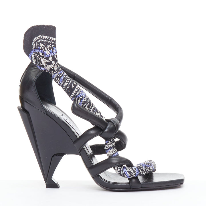 JIMMY CHOO Kalypso blue scarf black architectural heel sandals EU36.5