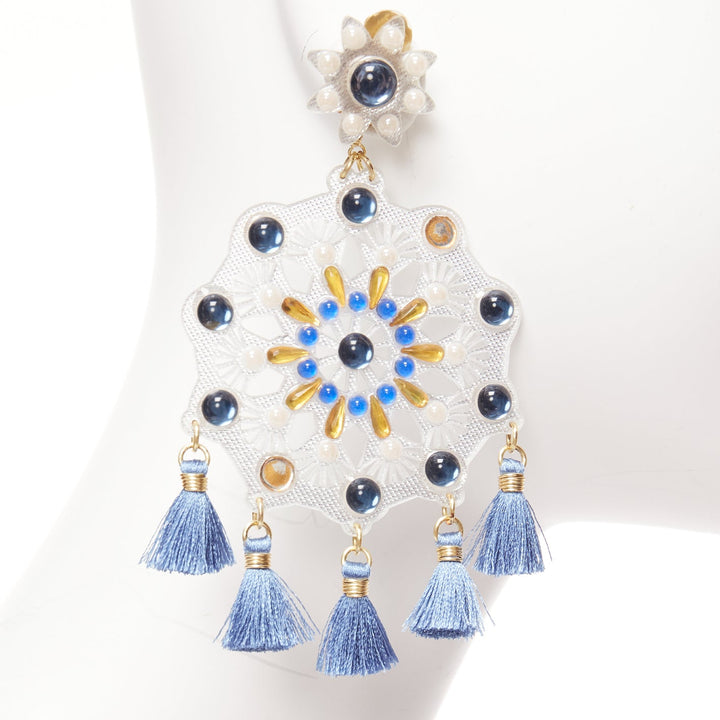 MERCEDES SALAZAR clear acrylic blue beads tassels clip on drop earrings