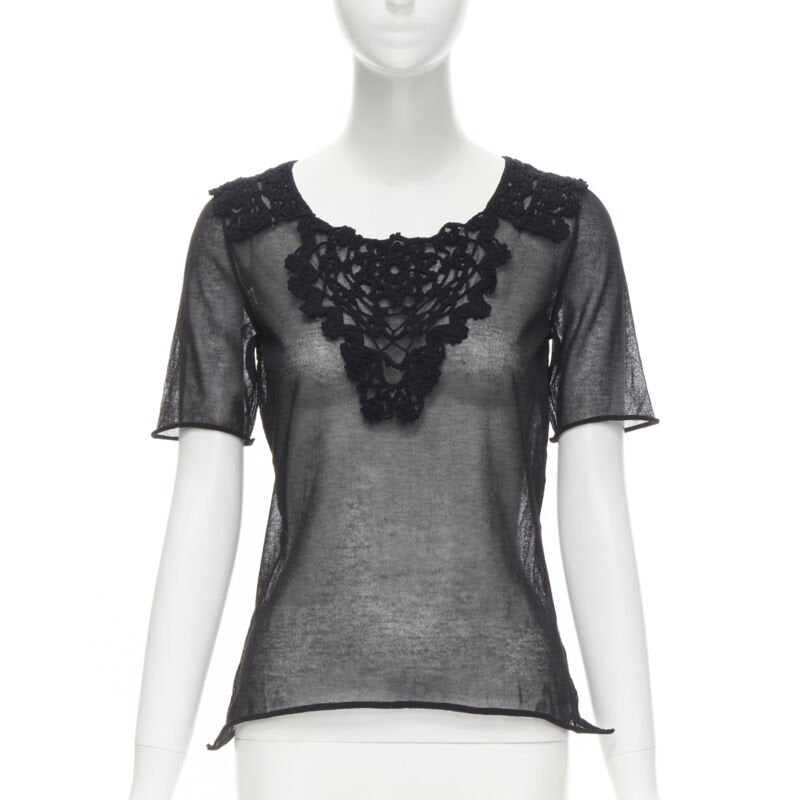 DOLCE GABBANA crochet lace sheer rolled edges fine knit cotton top IT40 S