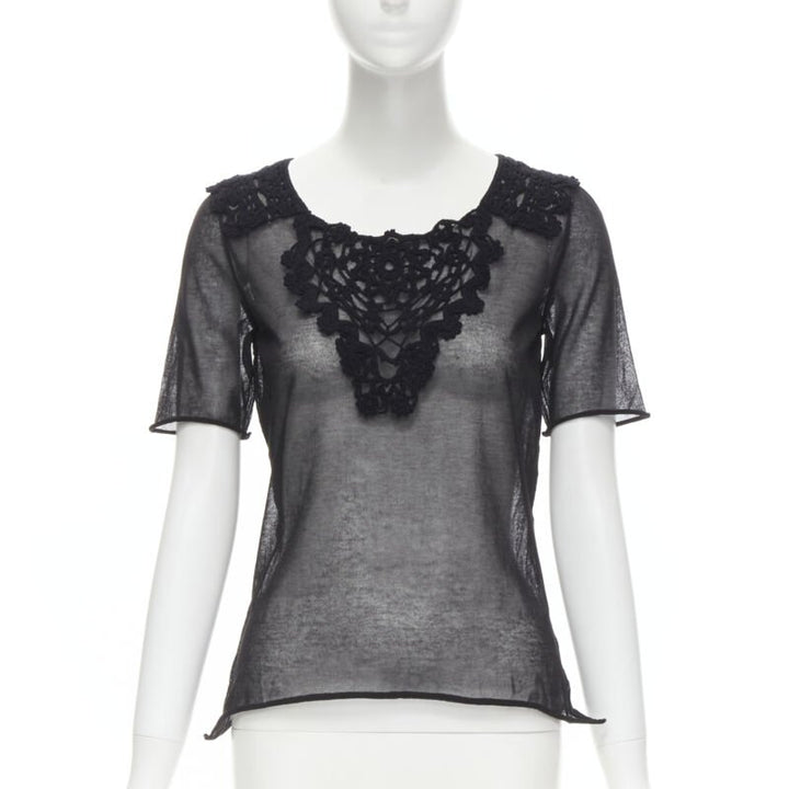 DOLCE GABBANA crochet lace sheer rolled edges fine knit cotton top IT40 S