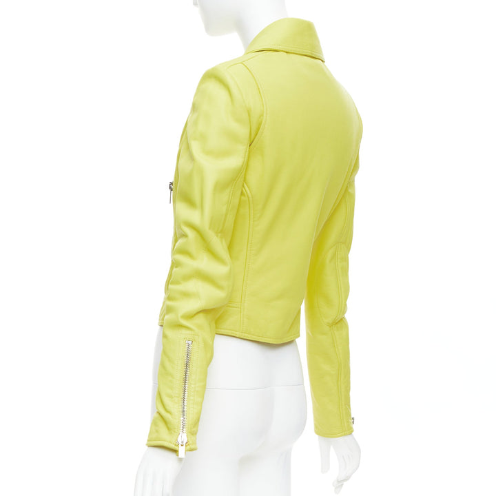 BALENCIAGA 2014 yellow lambskin leather crop biker jacket FR38 M