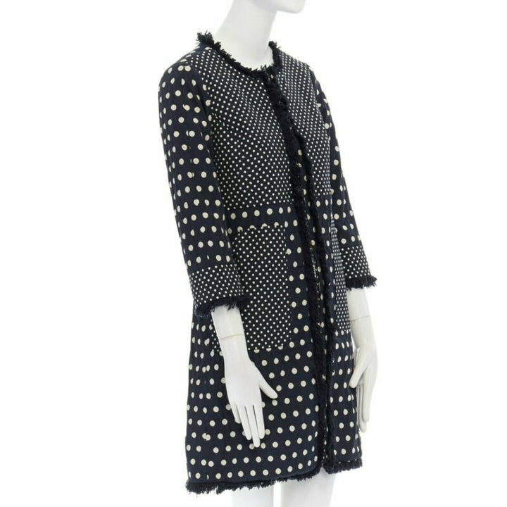 TORY BURCH navy blue white polka dot jacquard frayed trimmed coat US2 S