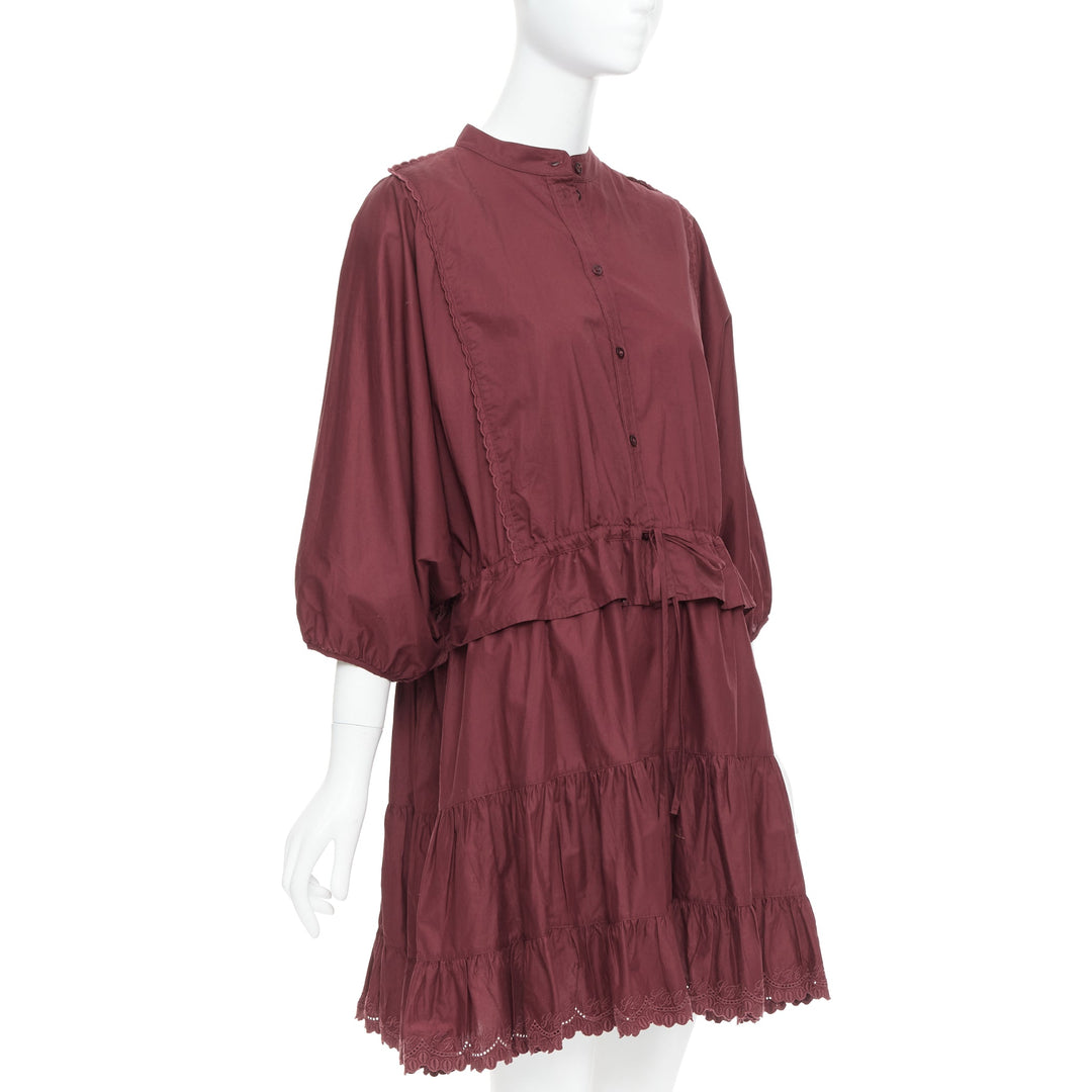SEE BY CHLOE 616 smoked red cotton SBC scallop trim shirt dress FR40 L