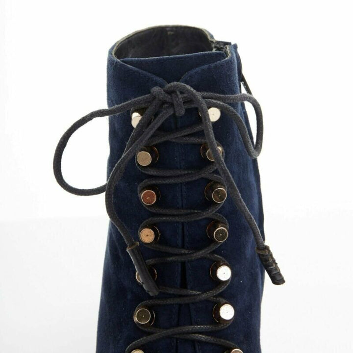 BALENCIAGA navy blue suede gold-tone stud lace up point toe bootie EU37 US7