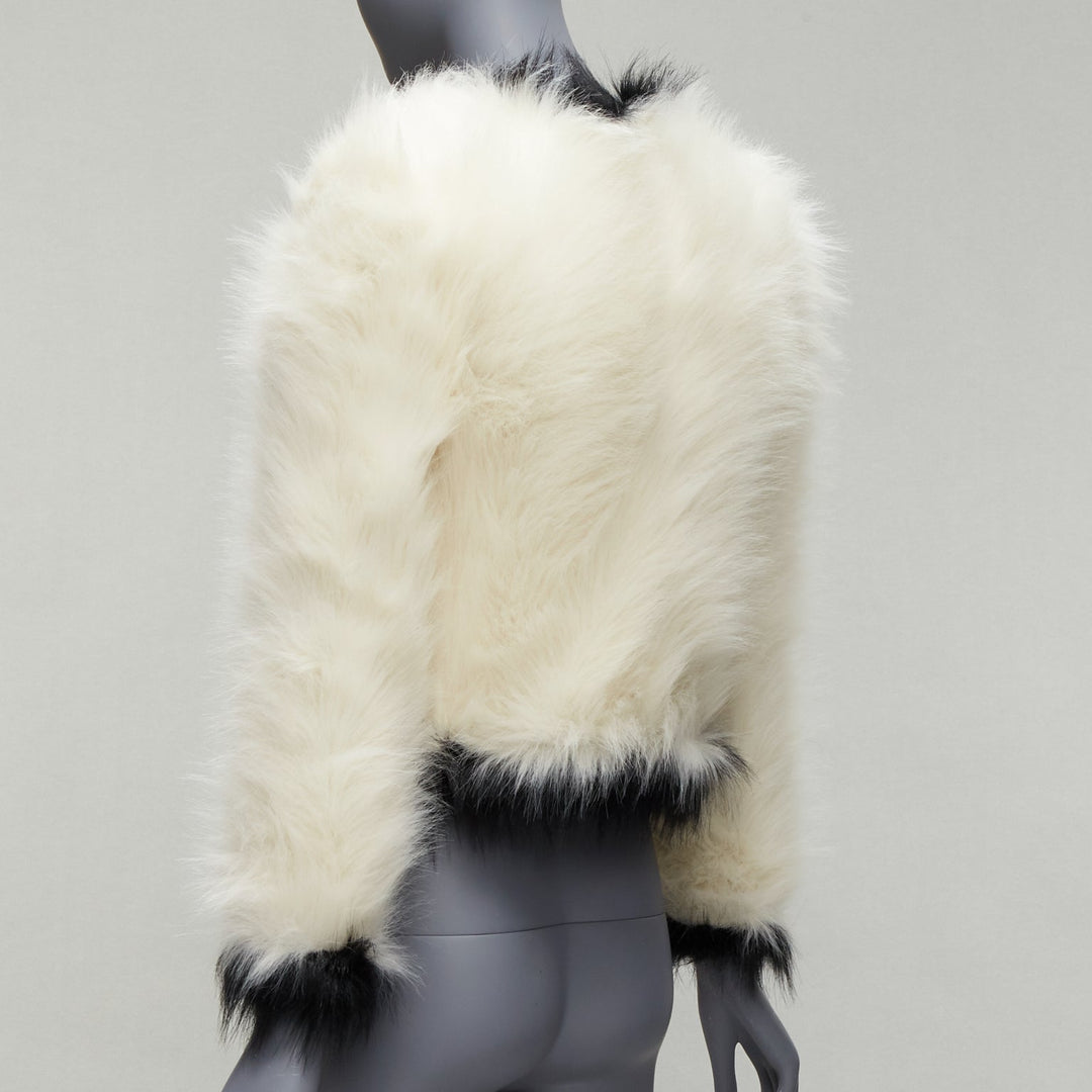 SAINT LAURENT 2021 Runway cream black faux fur cropped jacket FR34 XS