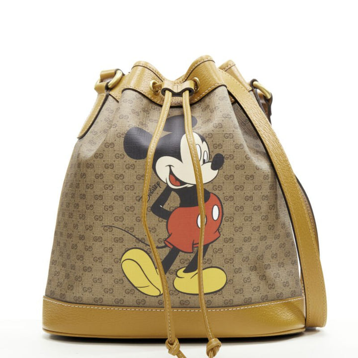 GUCCI DISNEY Candy GG Micky Mouse brown leather trim bucket bag