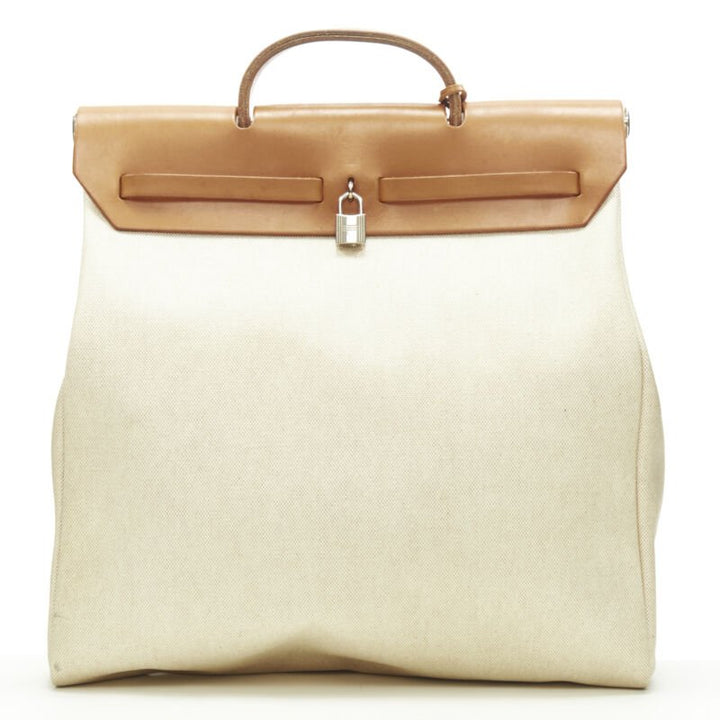 HERMES Herbag MM beige Toile coated canvas brown leather PHW 2-in-1 bag