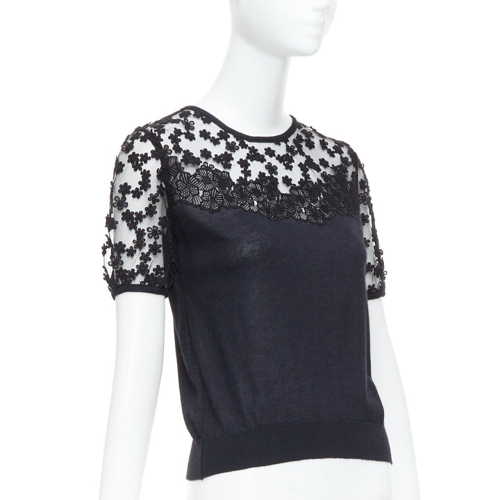 GIAMBATTISTA VALLI black cashmere silk floral sheer lace panel sweater IT38 XS
