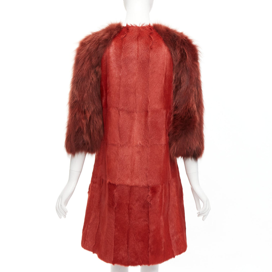 GIAMBATTISTA VALLI red genuine fur patchwork contrast raglan sleeve long coat