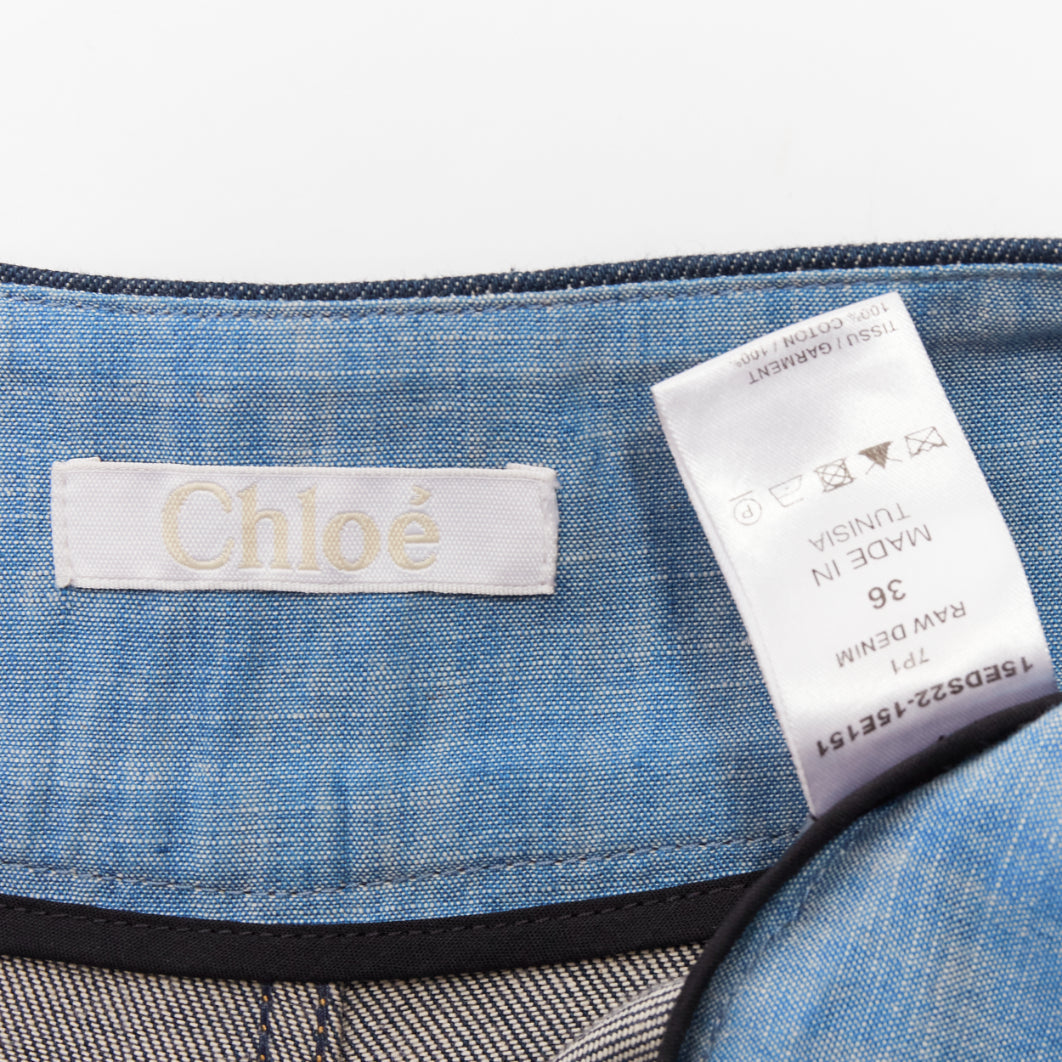 CHLOE blue cotton raw denim yellow topstitched cargo pocket shorts FR36 S