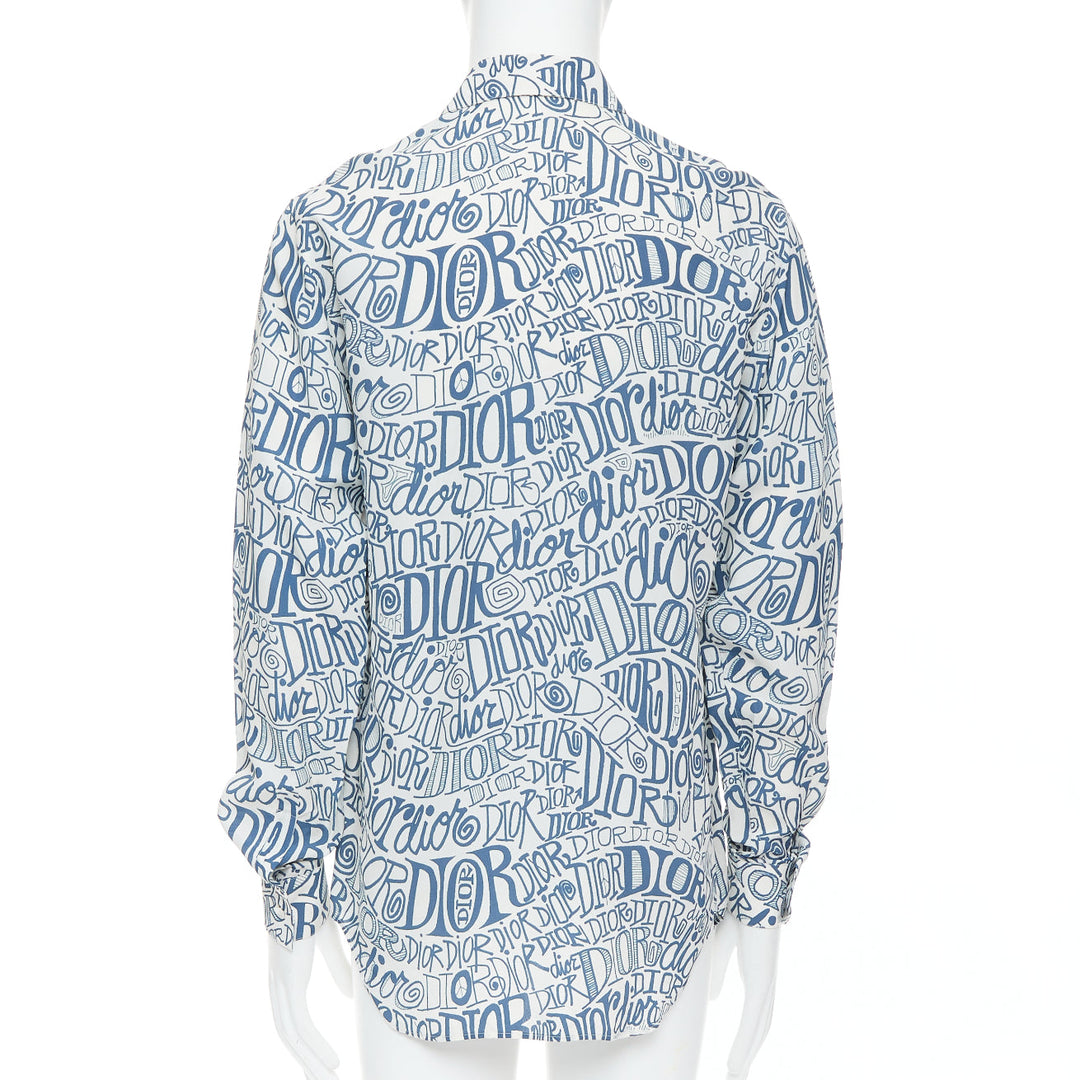 DIOR Shawn Stussy blue graffiti swirl logo print button down shirt EU38 S