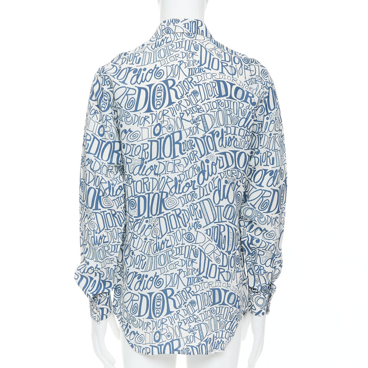 DIOR Shawn Stussy blue graffiti swirl logo print button down shirt EU38 S