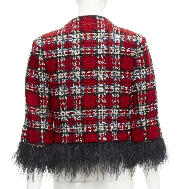 HALPERN 2022 red checked tweed black feather trim cropped jacket FR34 XS