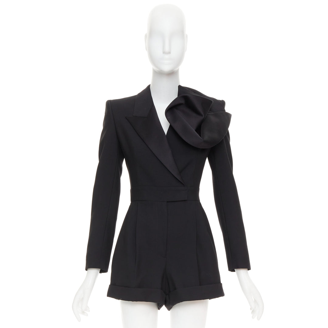 ALEXANDER MCQUEEN 2023 Orchid embellished black slim fit wool playsuit IT36 XS