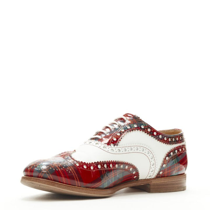 CHURCH'S Burwood red tartan patent white perforated leather brogue EU36.5