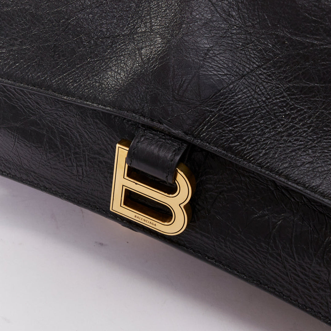BALENCIAGA Crush Medum  black textured leather gold B chain flap shoulder bag