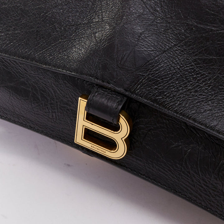 BALENCIAGA Crush Medum  black textured leather gold B chain flap shoulder bag