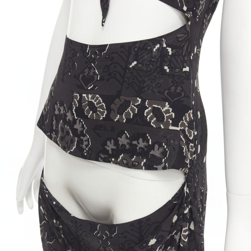 YOHJI YAMAMOTO black pixelated floral paisley cut out draped front midi dress S