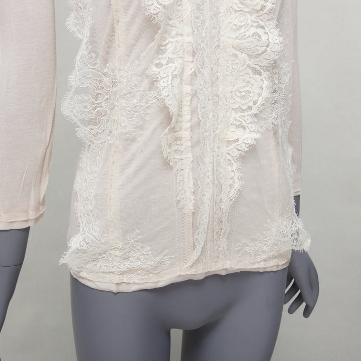 LANVIN off white lace overlay asymmetric cropped 3/4 sleeve top FR32 XXS