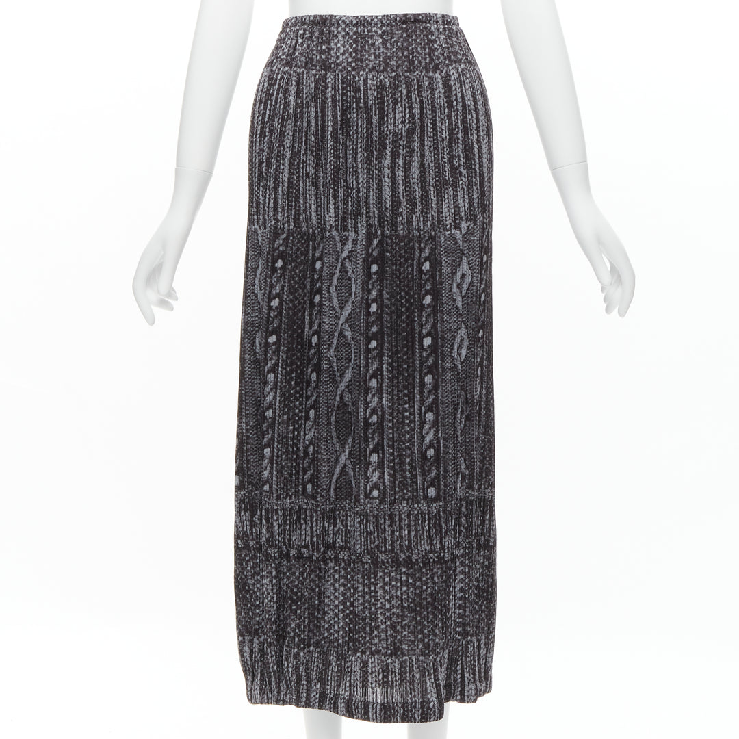 ISSEY MIYAKE PLEATS PLEASE grey black cable knit print pleated midi skirt JP2 M