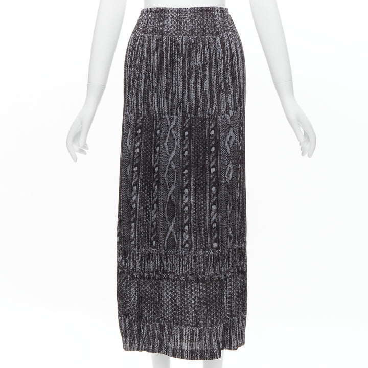 ISSEY MIYAKE PLEATS PLEASE grey black cable knit print pleated midi skirt JP2 M