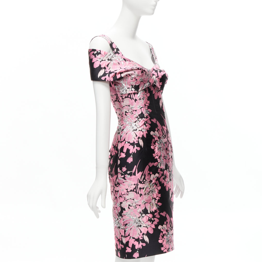 DOLCE GABBANA black pink floral jacquard off shoulder corsetted dress IT36 XXS