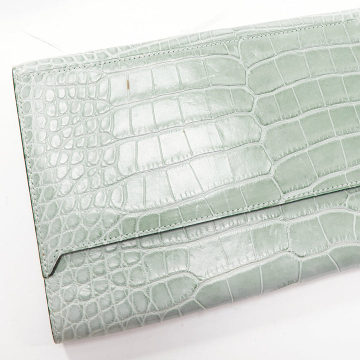 HERMES Goodlock Porosus mint green scaled leather PHW push clasp wrist clutch