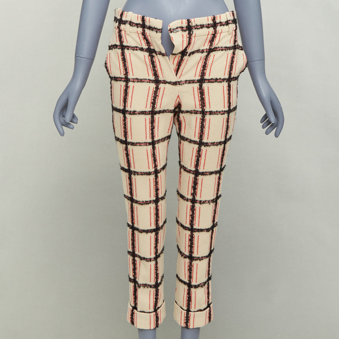 CHLOE Noir Rose black nude wool mohair plaid checked pants FR34 XS