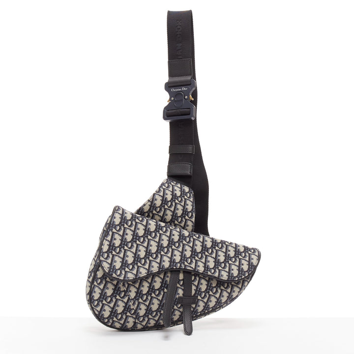CHRISTIAN DIOR blue black CD logo monogram oblique canvas sadde shoulder bag