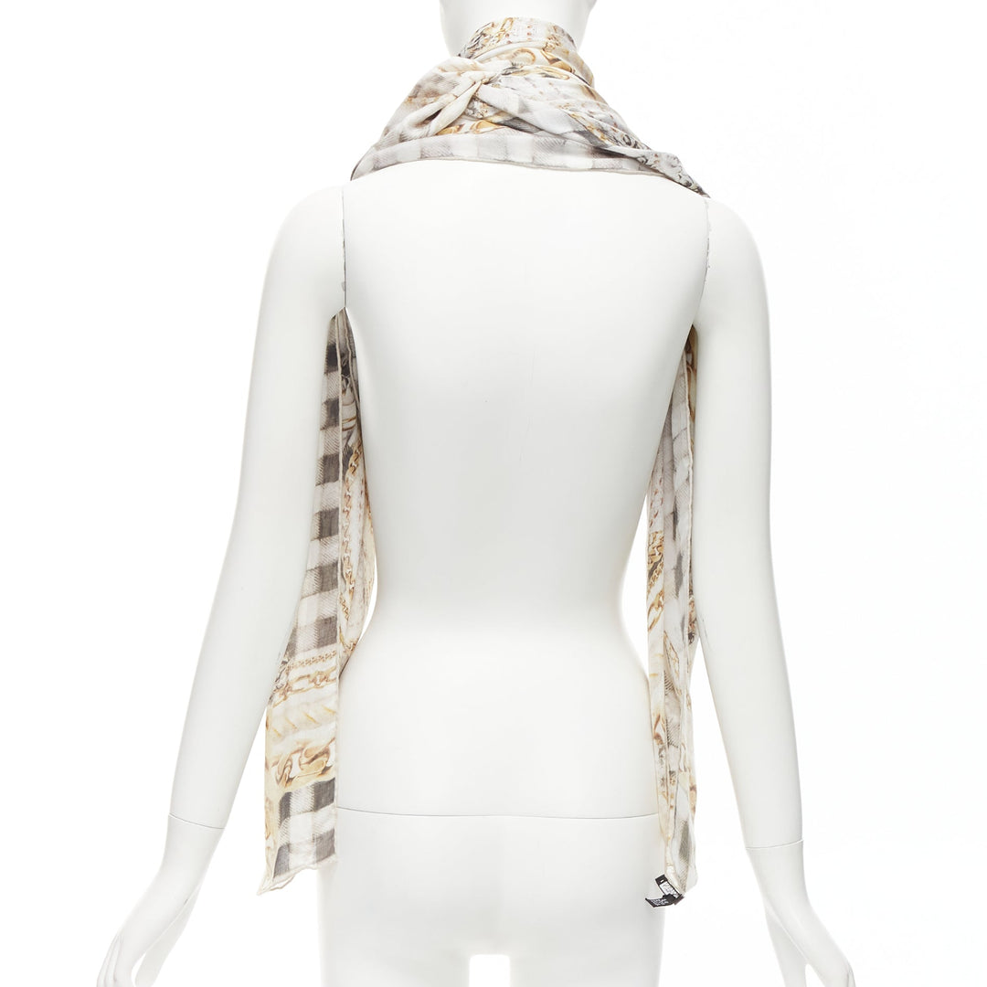 BALMAIN cream modal cashmere chain check tromp loeil print scarf