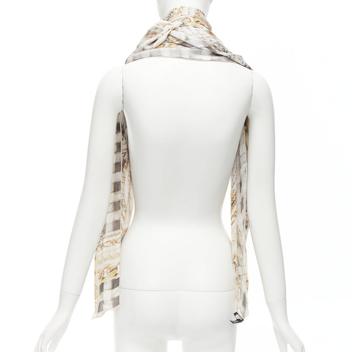 BALMAIN cream modal cashmere chain check tromp loeil print scarf