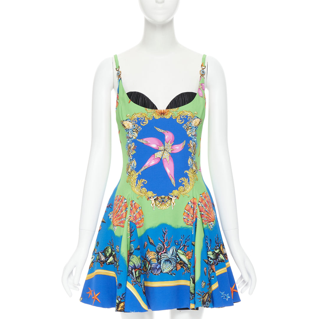 VERSACE 2021 Runway Tresor De La Mer green Medusa flared dress IT40 S