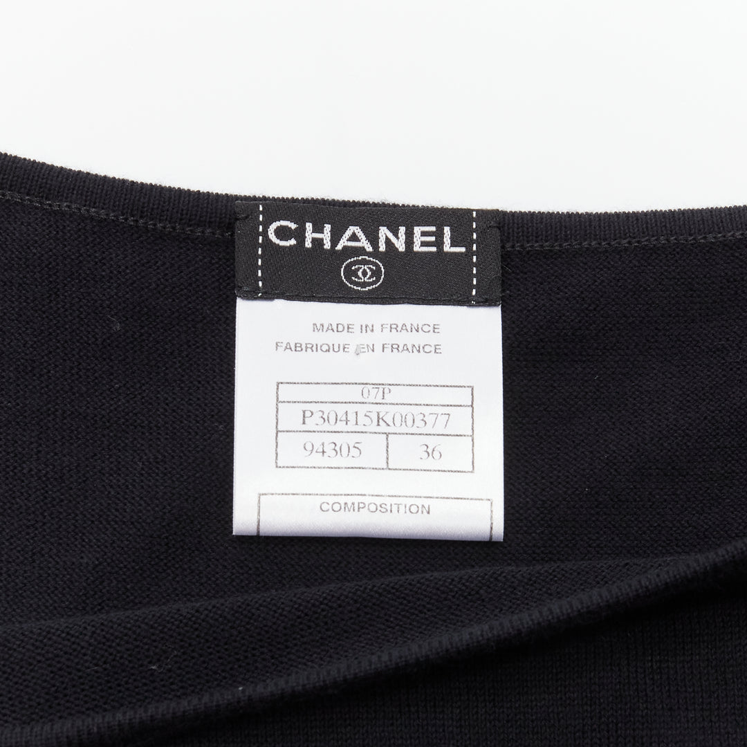 CHANEL 07P Vintage black CC logo topstitch cotton boat neck top FR36 S