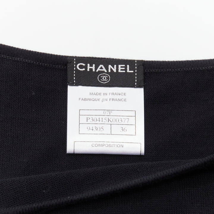 CHANEL 07P Vintage black CC logo topstitch cotton boat neck top FR36 S