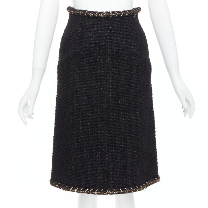 CHANEL 18K black cotton tweed brown gold braided trim tweed skirt FR34 XS