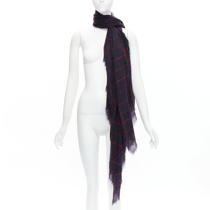 CHANEL black red CC logo diamond quilt print soft warm raw edge scarf