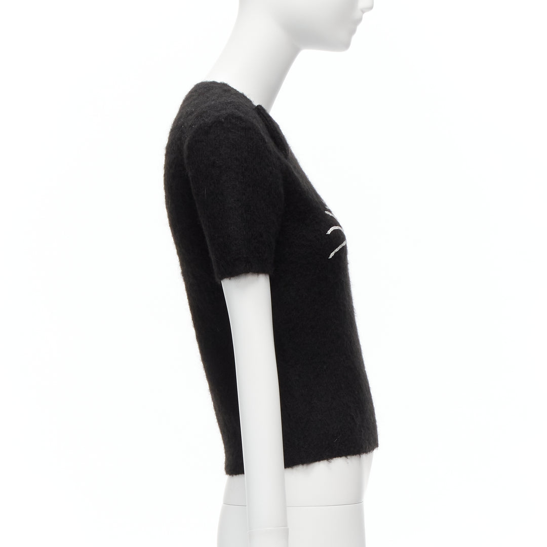 rare MOSCHINO BOUTIQUE black winking cat 3D ears furry cropped sweater IT42 M